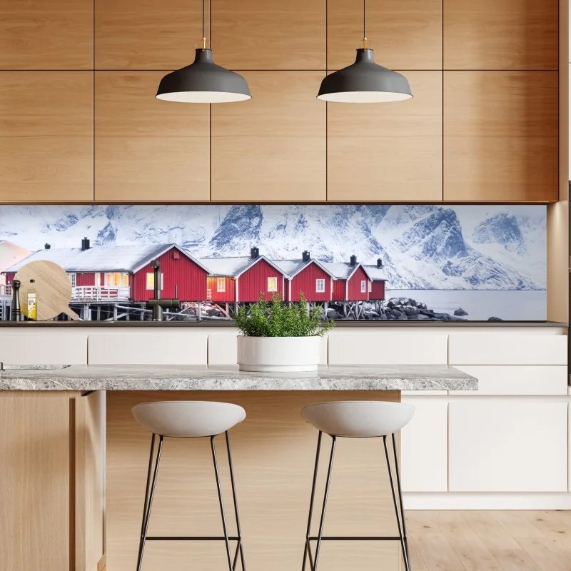Repositionierbarer Aufkleber sonnenaufgang über den roten hütten der Lofoten – Wallnifity® Repositionierbarer Aufkleber sonnenaufgang über den roten hütten der Lofoten – Wallnifity®