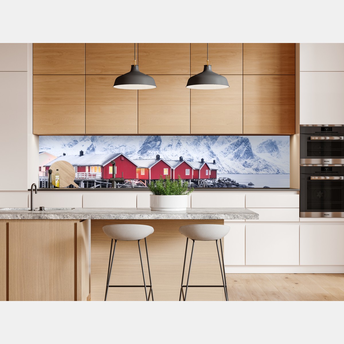 Repositionierbarer Aufkleber sonnenaufgang über den roten hütten der Lofoten – Wallnifity® Repositionierbarer Aufkleber sonnenaufgang über den roten hütten der Lofoten – Wallnifity®
