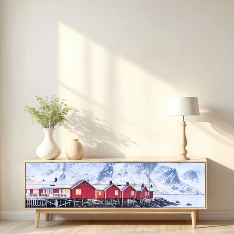 Repositionierbarer Aufkleber sonnenaufgang über den roten hütten der Lofoten – Wallnifity® Repositionierbarer Aufkleber sonnenaufgang über den roten hütten der Lofoten – Wallnifity®