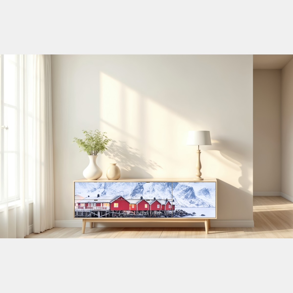 Repositionierbarer Aufkleber sonnenaufgang über den roten hütten der Lofoten – Wallnifity® Repositionierbarer Aufkleber sonnenaufgang über den roten hütten der Lofoten – Wallnifity®