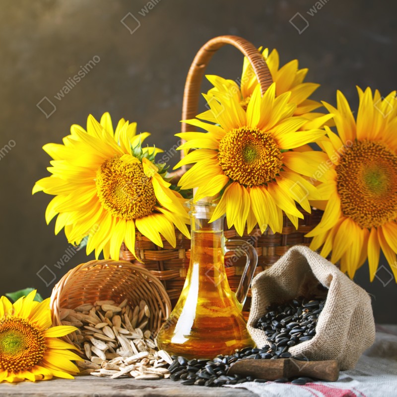 Repositionierbarer Aufkleber leuchtendes stillleben mit sonnenblumen, kernen und öl – Wallnifity® Repositionierbarer Aufkleber leuchtendes stillleben mit sonnenblumen, kernen und öl – Wallnifity®