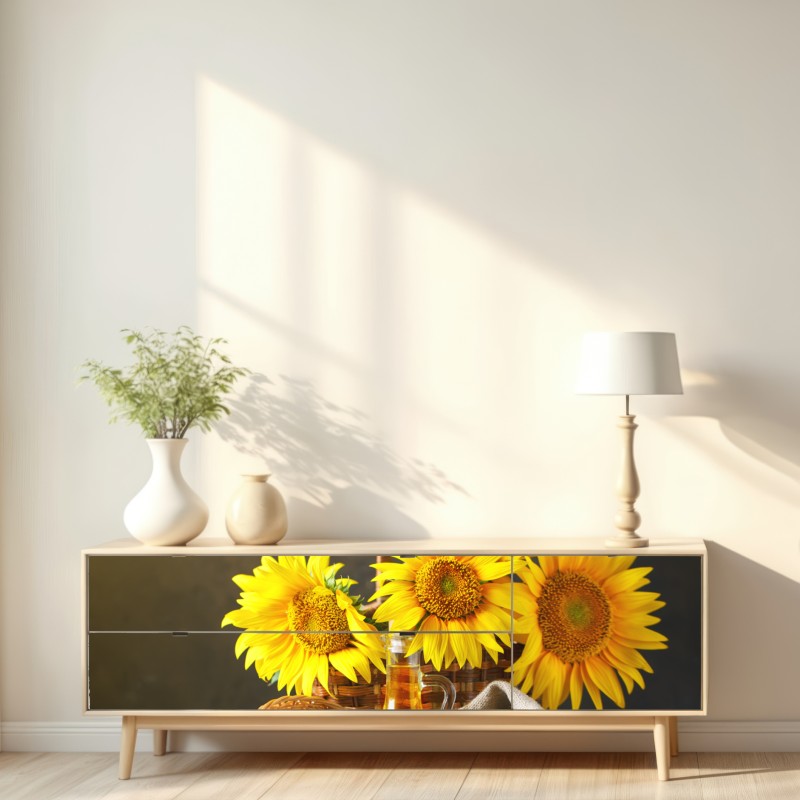 Repositionierbarer Aufkleber leuchtendes stillleben mit sonnenblumen, kernen und öl – Wallnifity® Repositionierbarer Aufkleber leuchtendes stillleben mit sonnenblumen, kernen und öl – Wallnifity®