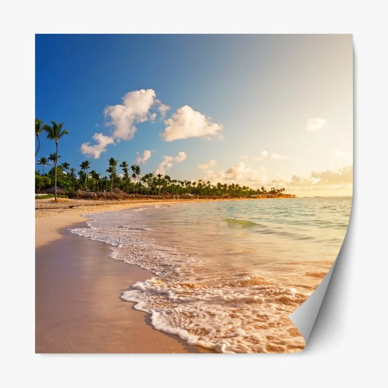 Repositionierbarer Aufkleber tropischer sonnenuntergang am strand mit palmensilhouetten