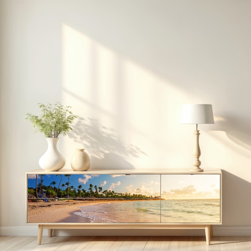 Repositionierbarer Aufkleber tropischer sonnenuntergang am strand mit palmensilhouetten – Wallnifity® Repositionierbarer Aufkleber tropischer sonnenuntergang am strand mit palmensilhouetten – Wallnifity®