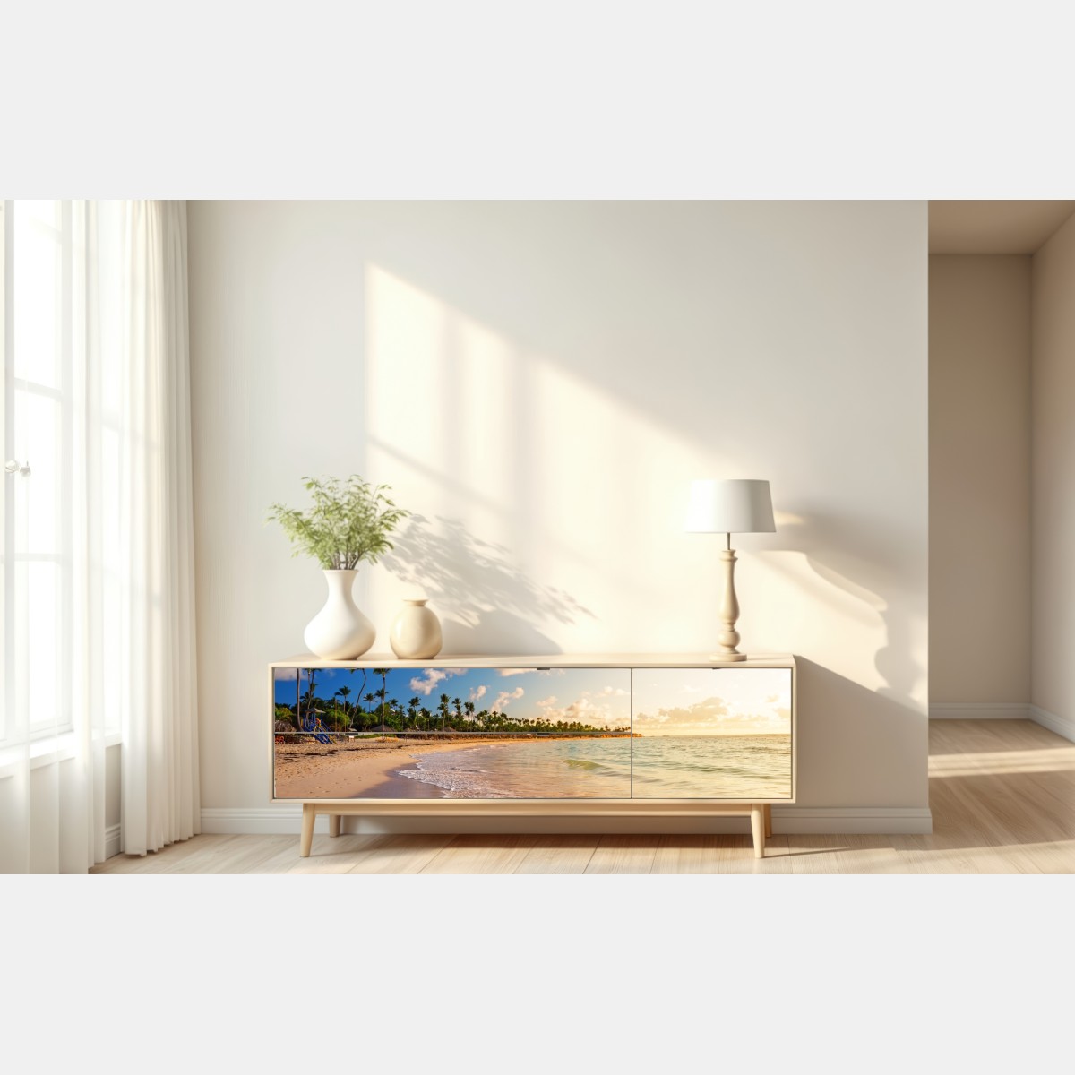 Repositionierbarer Aufkleber tropischer sonnenuntergang am strand mit palmensilhouetten – Wallnifity® Repositionierbarer Aufkleber tropischer sonnenuntergang am strand mit palmensilhouetten – Wallnifity®