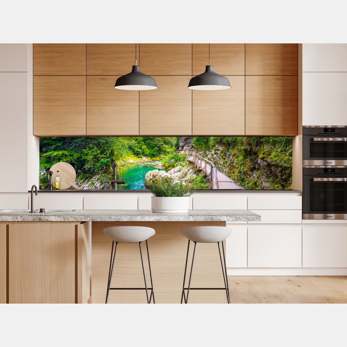 Repositionierbarer Aufkleber türkisfarbener fluss und holzsteg im wald – Wallnifity® Repositionierbarer Aufkleber türkisfarbener fluss und holzsteg im wald – Wallnifity®