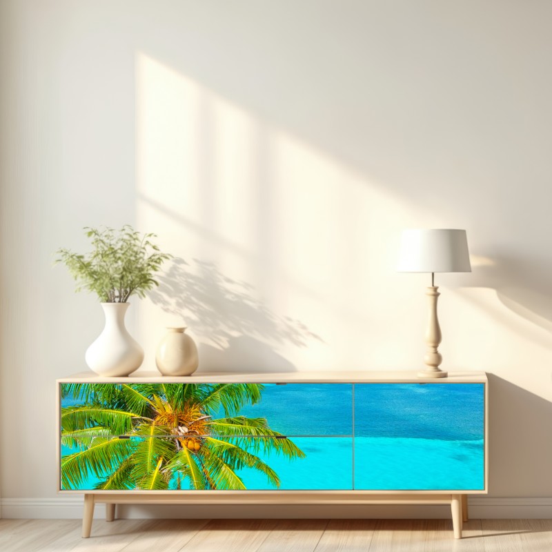 Repositionierbarer Aufkleber tropischer türkisstrand mit palme – Wallnifity® Repositionierbarer Aufkleber tropischer türkisstrand mit palme – Wallnifity®