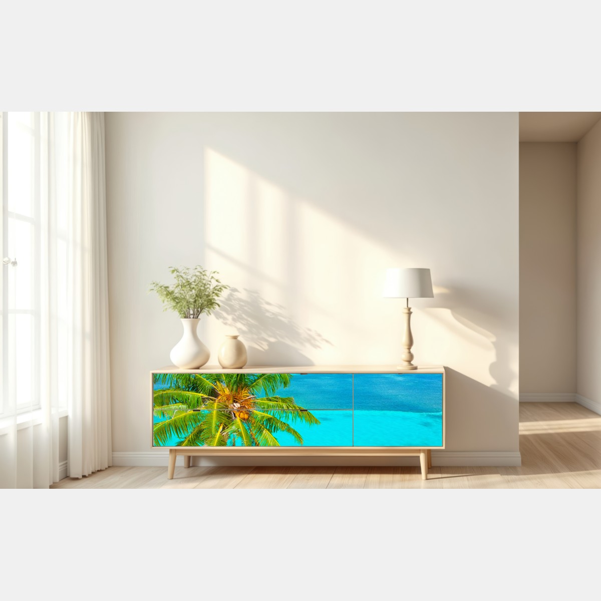 Repositionierbarer Aufkleber tropischer türkisstrand mit palme – Wallnifity® Repositionierbarer Aufkleber tropischer türkisstrand mit palme – Wallnifity®