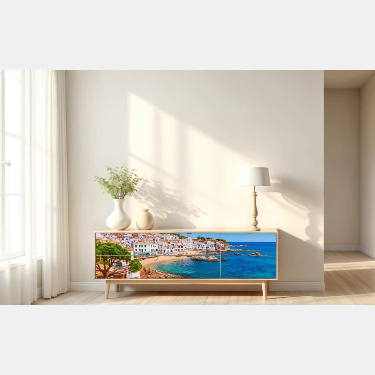 Repositionierbarer Aufkleber sonniges mediterranes küstendorf – Wallnifity® Repositionierbarer Aufkleber sonniges mediterranes küstendorf – Wallnifity®
