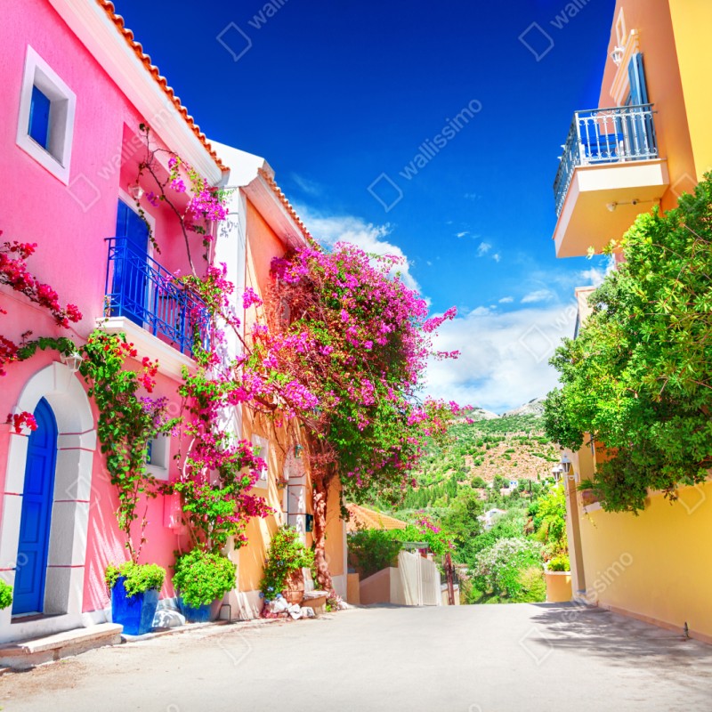 Repositionierbarer Aufkleber bunte gasse auf Kefalonia – Wallnifity® Repositionierbarer Aufkleber bunte gasse auf Kefalonia – Wallnifity®