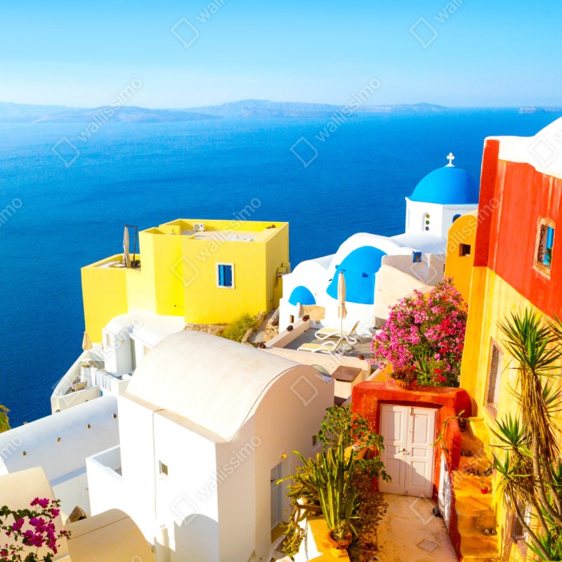 Repositionierbarer Aufkleber sonniges Santorini küstendorf – Wallnifity® Repositionierbarer Aufkleber sonniges Santorini küstendorf – Wallnifity®