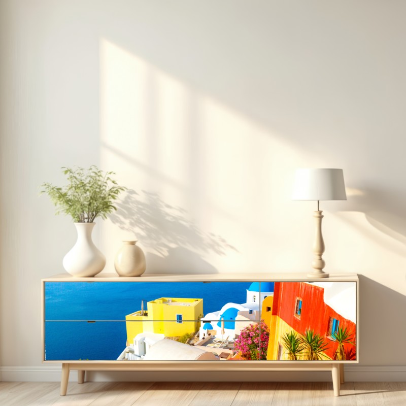 Repositionierbarer Aufkleber sonniges Santorini küstendorf – Wallnifity® Repositionierbarer Aufkleber sonniges Santorini küstendorf – Wallnifity®