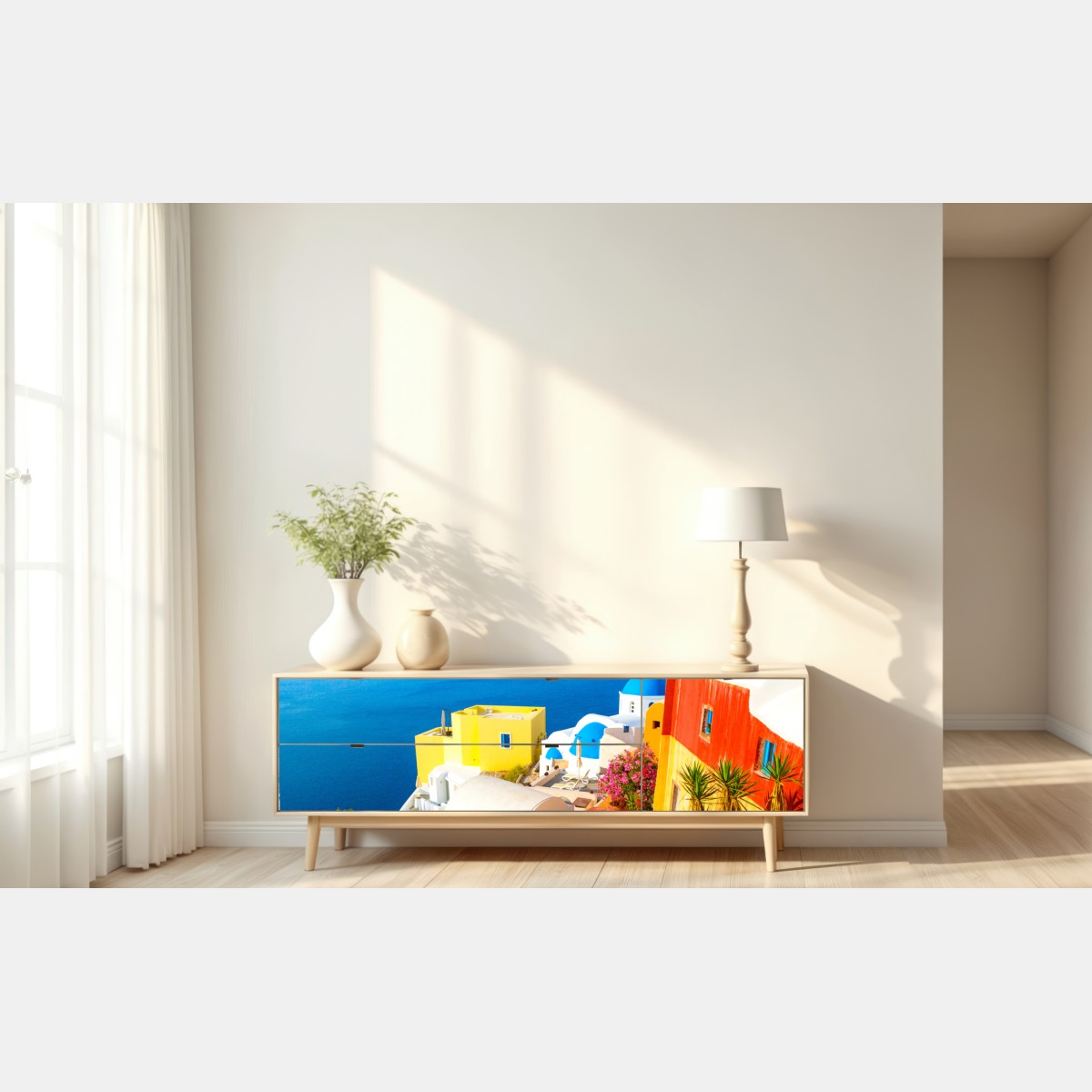 Repositionierbarer Aufkleber sonniges Santorini küstendorf – Wallnifity® Repositionierbarer Aufkleber sonniges Santorini küstendorf – Wallnifity®