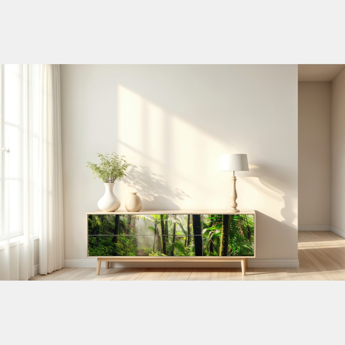 Repositionierbarer Aufkleber tropischer regenwald mit sonnenstrahlen – Wallnifity® Repositionierbarer Aufkleber tropischer regenwald mit sonnenstrahlen – Wallnifity®
