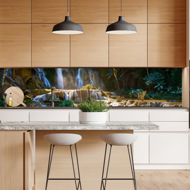 Repositionierbarer Aufkleber sonnige gasse auf der insel mit leuchtender buganvillea – Wallnifity®