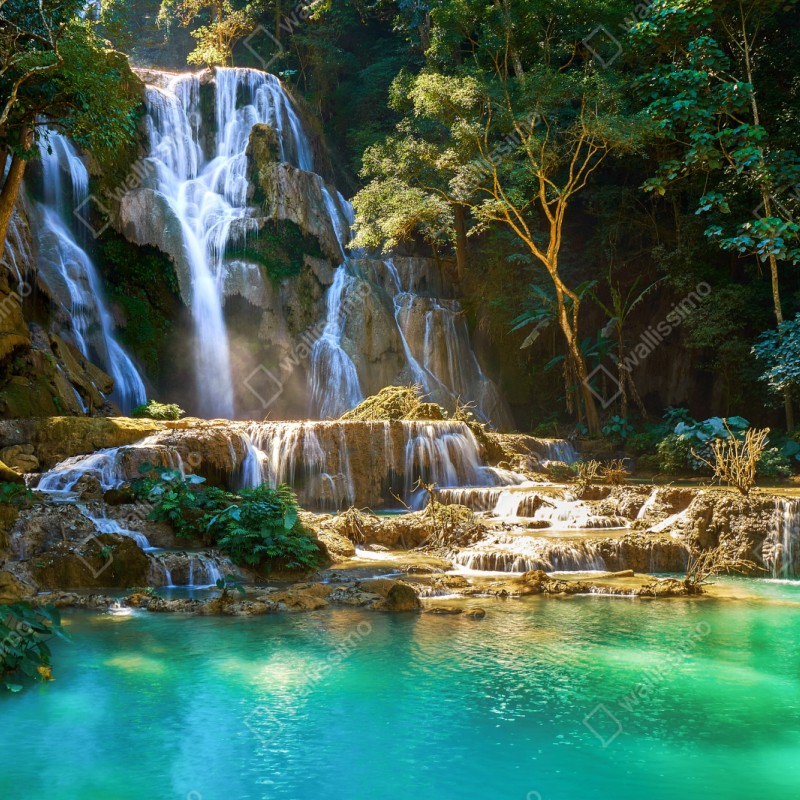 Repositionierbarer Aufkleber türkisfarbener wasserfall im üppigen wald – Wallnifity® Repositionierbarer Aufkleber türkisfarbener wasserfall im üppigen wald – Wallnifity®