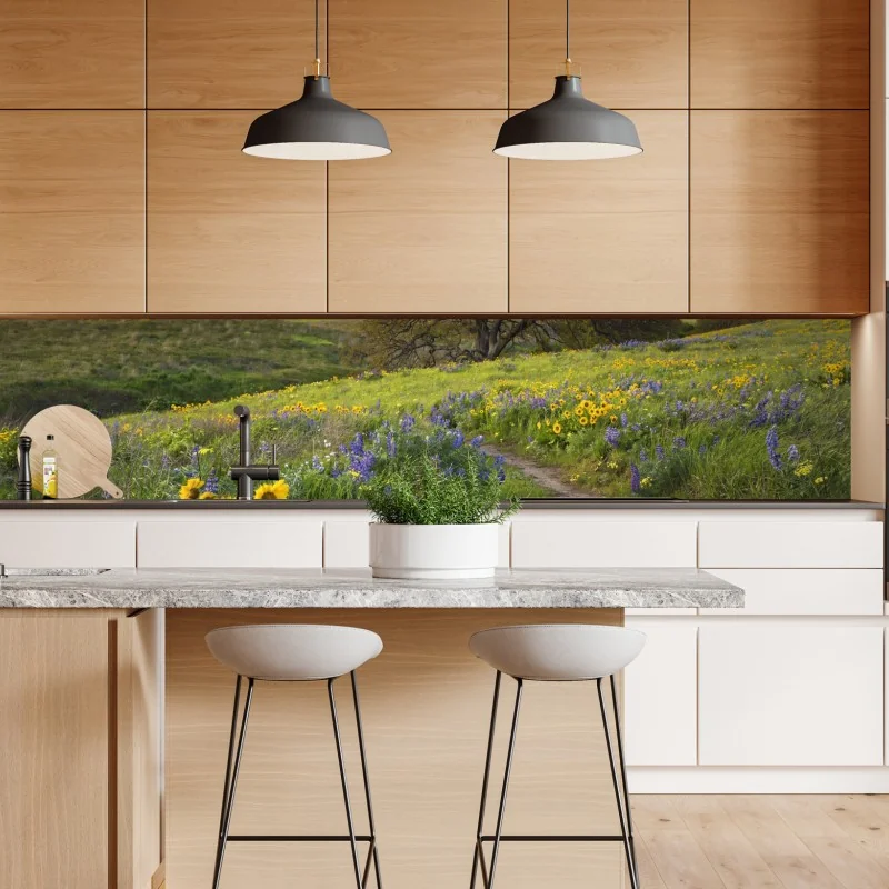 Repositionierbarer Aufkleber pfad durch blumenwiese mit eichenbaum – Wallnifity® Repositionierbarer Aufkleber pfad durch blumenwiese mit eichenbaum – Wallnifity®