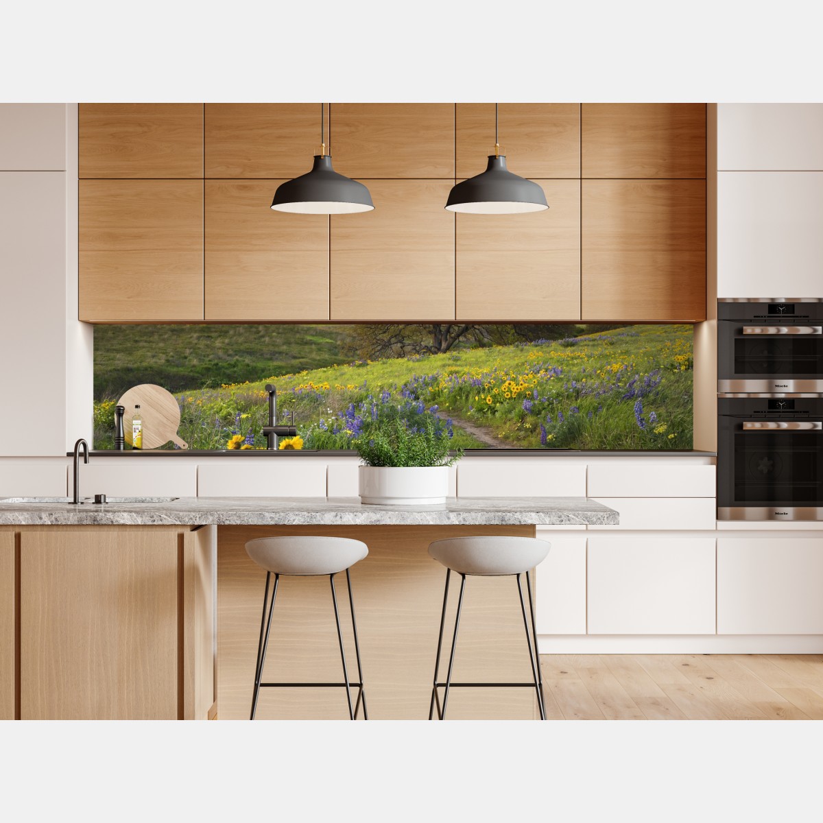 Repositionierbarer Aufkleber pfad durch blumenwiese mit eichenbaum – Wallnifity® Repositionierbarer Aufkleber pfad durch blumenwiese mit eichenbaum – Wallnifity®