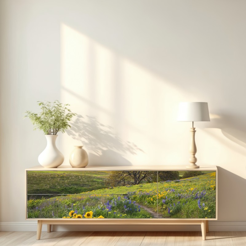Repositionierbarer Aufkleber pfad durch blumenwiese mit eichenbaum – Wallnifity® Repositionierbarer Aufkleber pfad durch blumenwiese mit eichenbaum – Wallnifity®