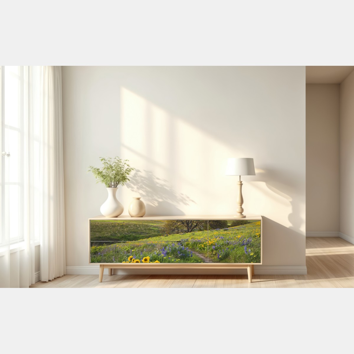 Repositionierbarer Aufkleber pfad durch blumenwiese mit eichenbaum – Wallnifity® Repositionierbarer Aufkleber pfad durch blumenwiese mit eichenbaum – Wallnifity®