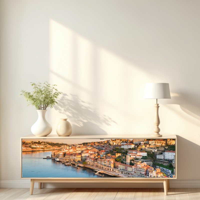 Repositionierbarer Aufkleber sonnige Porto ufer-skyline im goldenen licht – Wallnifity® Repositionierbarer Aufkleber sonnige Porto ufer-skyline im goldenen licht – Wallnifity®