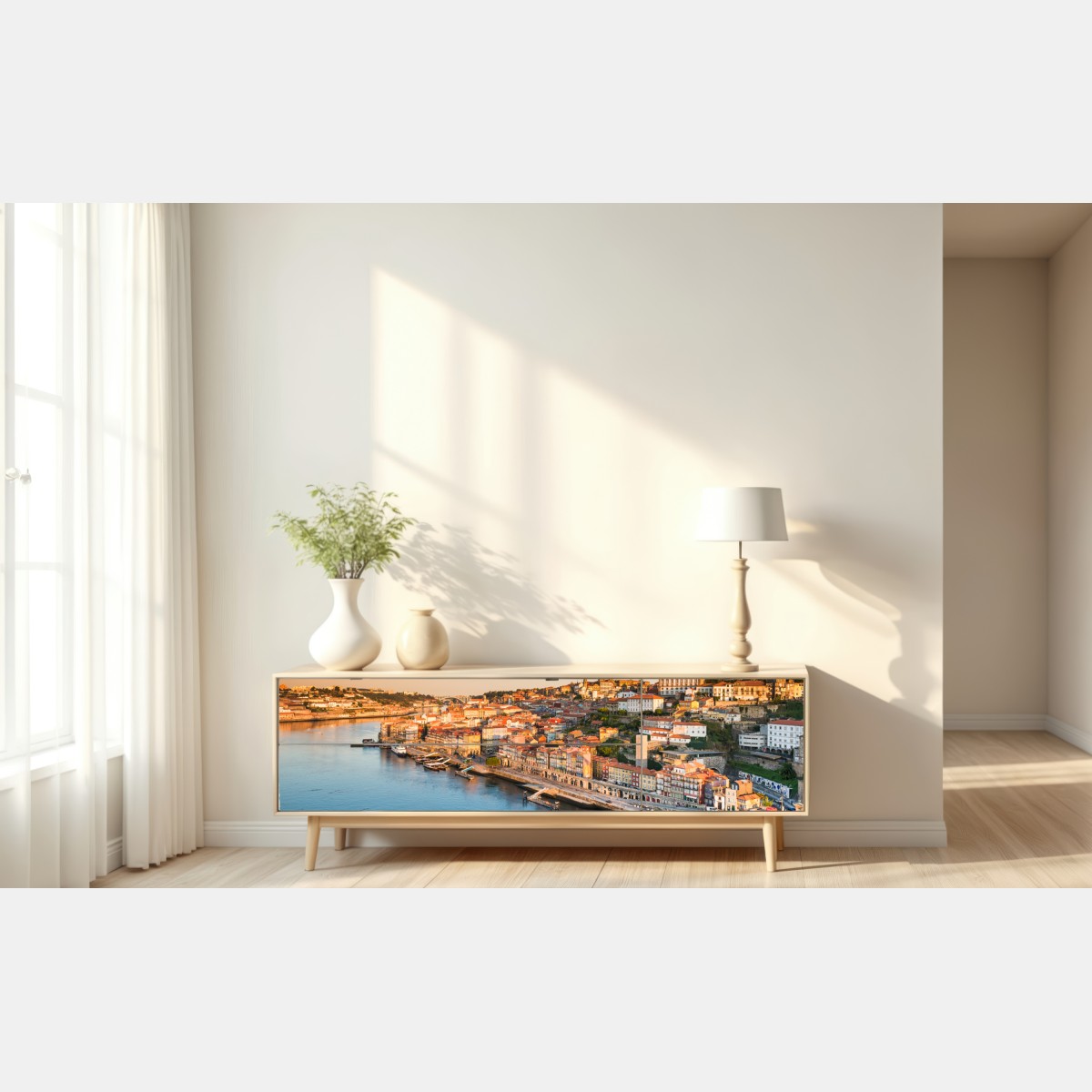 Repositionierbarer Aufkleber sonnige Porto ufer-skyline im goldenen licht – Wallnifity® Repositionierbarer Aufkleber sonnige Porto ufer-skyline im goldenen licht – Wallnifity®