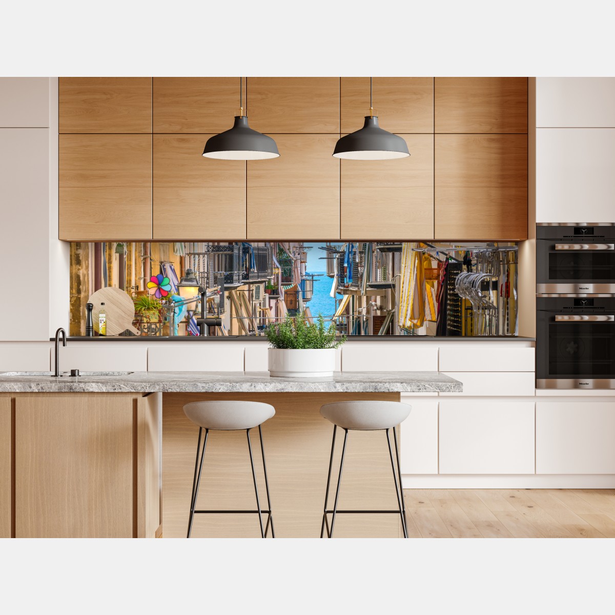 Repositionierbarer Aufkleber sonnige gasse mit meerblick und balkonen – Wallnifity® Repositionierbarer Aufkleber sonnige gasse mit meerblick und balkonen – Wallnifity®