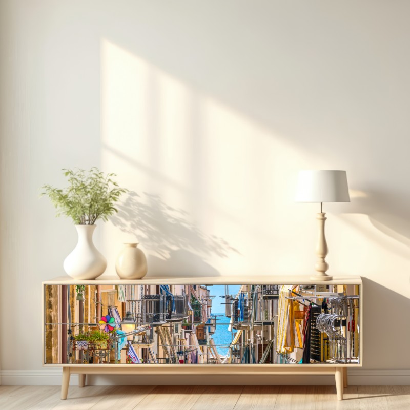 Repositionierbarer Aufkleber sonnige gasse mit meerblick und balkonen – Wallnifity® Repositionierbarer Aufkleber sonnige gasse mit meerblick und balkonen – Wallnifity®