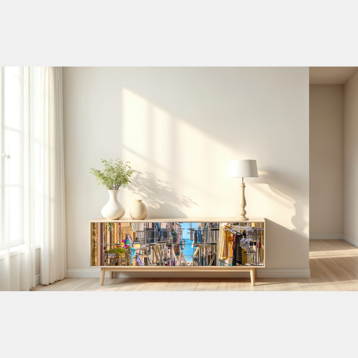Repositionierbarer Aufkleber sonnige gasse mit meerblick und balkonen – Wallnifity® Repositionierbarer Aufkleber sonnige gasse mit meerblick und balkonen – Wallnifity®