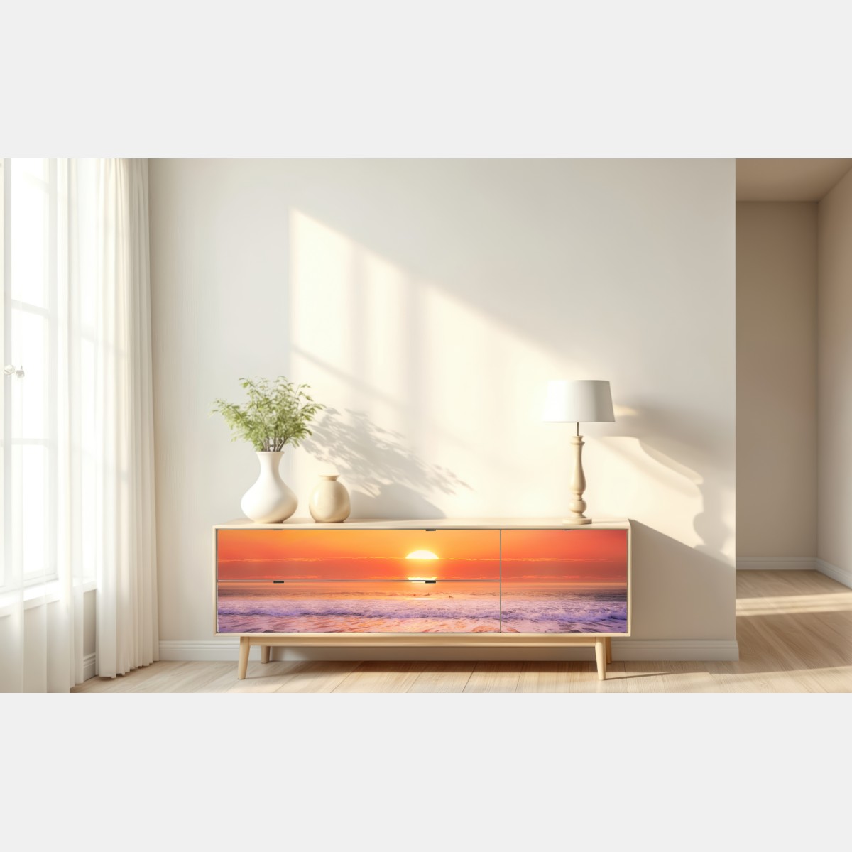 Repositionierbarer Aufkleber goldener sonnenuntergang über ruhigem strand – Wallnifity® Repositionierbarer Aufkleber goldener sonnenuntergang über ruhigem strand – Wallnifity®
