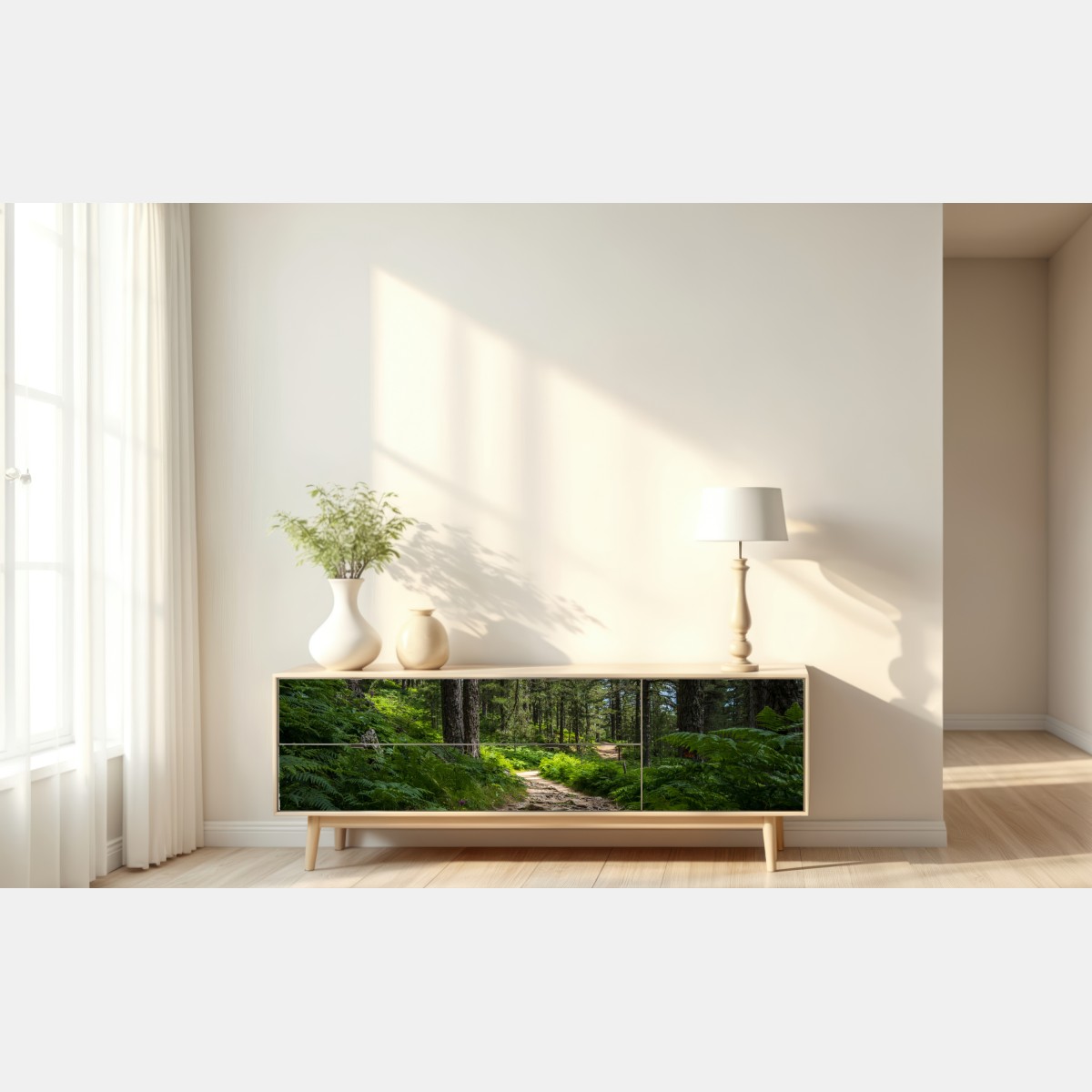 Repositionierbarer Aufkleber ruhiger waldpfad durch üppiges grün – Wallnifity® Repositionierbarer Aufkleber ruhiger waldpfad durch üppiges grün – Wallnifity®