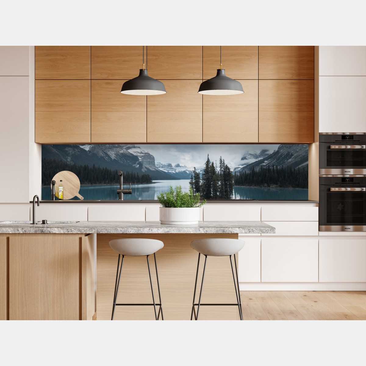 Repositionierbarer Aufkleber ruhiger alpensee mit insel und kajak – Wallnifity® Repositionierbarer Aufkleber ruhiger alpensee mit insel und kajak – Wallnifity®