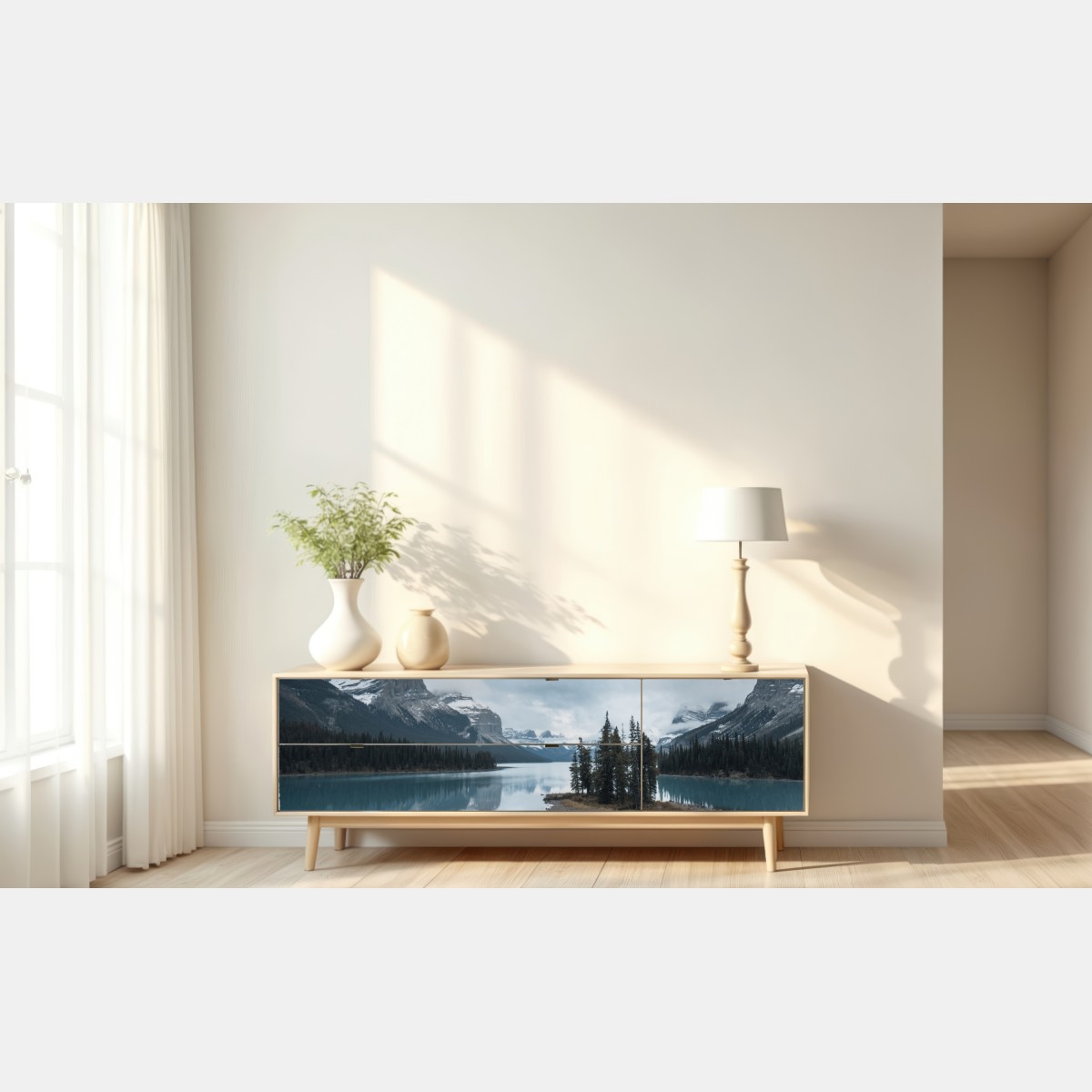 Repositionierbarer Aufkleber ruhiger alpensee mit insel und kajak – Wallnifity® Repositionierbarer Aufkleber ruhiger alpensee mit insel und kajak – Wallnifity®