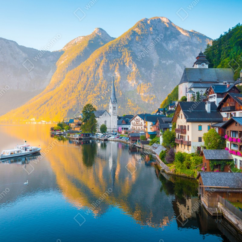 Repositionierbarer Aufkleber morgendlicher lichtglanz über Hallstatt am see – Wallnifity® Repositionierbarer Aufkleber morgendlicher lichtglanz über Hallstatt am see – Wallnifity®