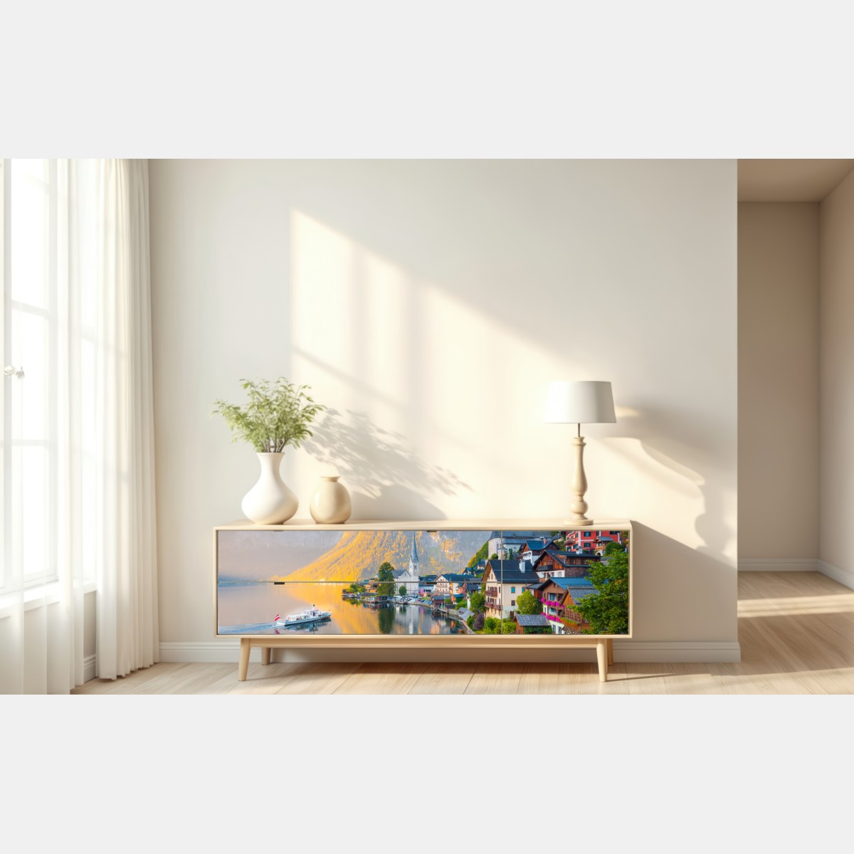 Repositionierbarer Aufkleber morgendlicher lichtglanz über Hallstatt am see – Wallnifity® Repositionierbarer Aufkleber morgendlicher lichtglanz über Hallstatt am see – Wallnifity®