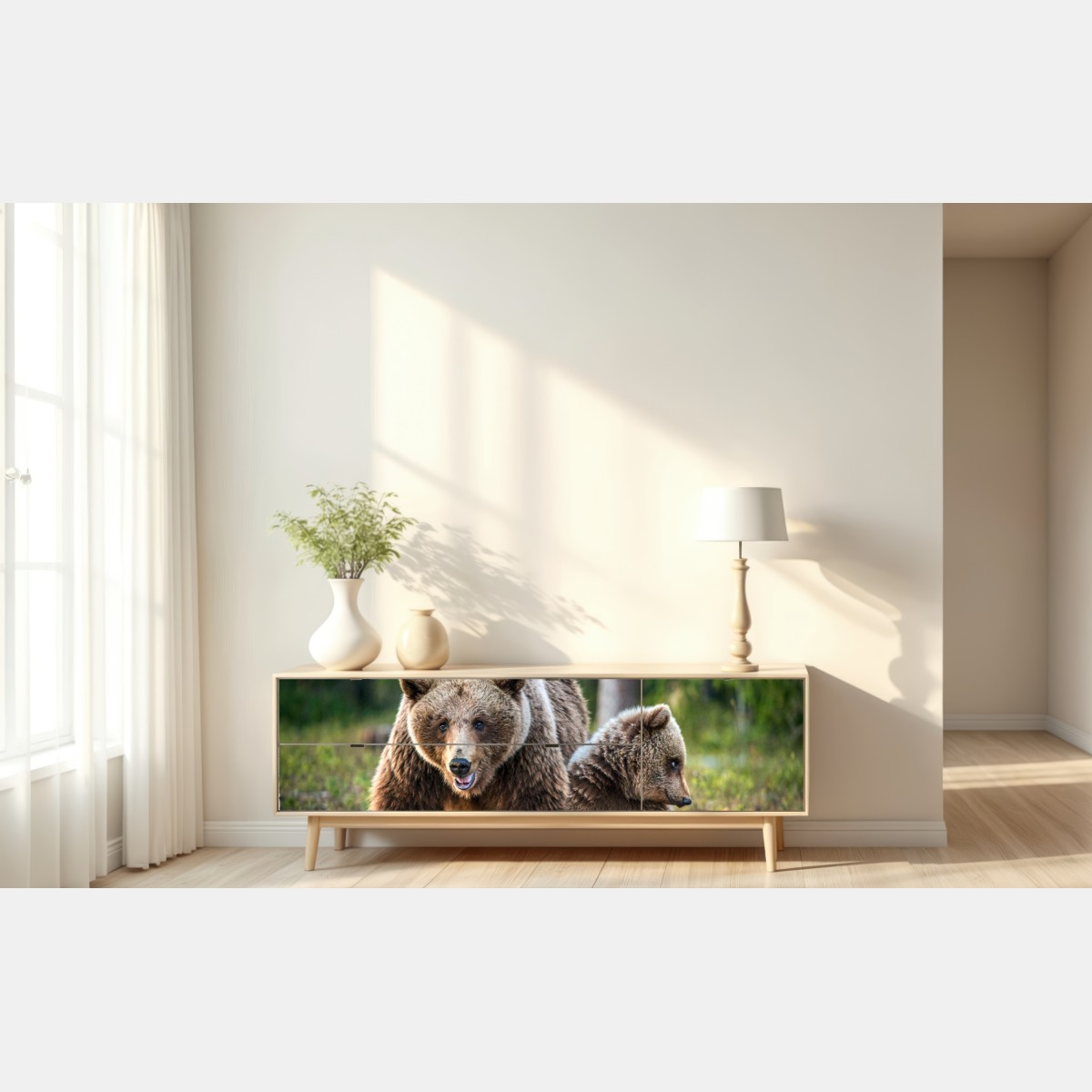 Repositionierbarer Aufkleber braunbär mit jungem im wald – Wallnifity® Repositionierbarer Aufkleber braunbär mit jungem im wald – Wallnifity®