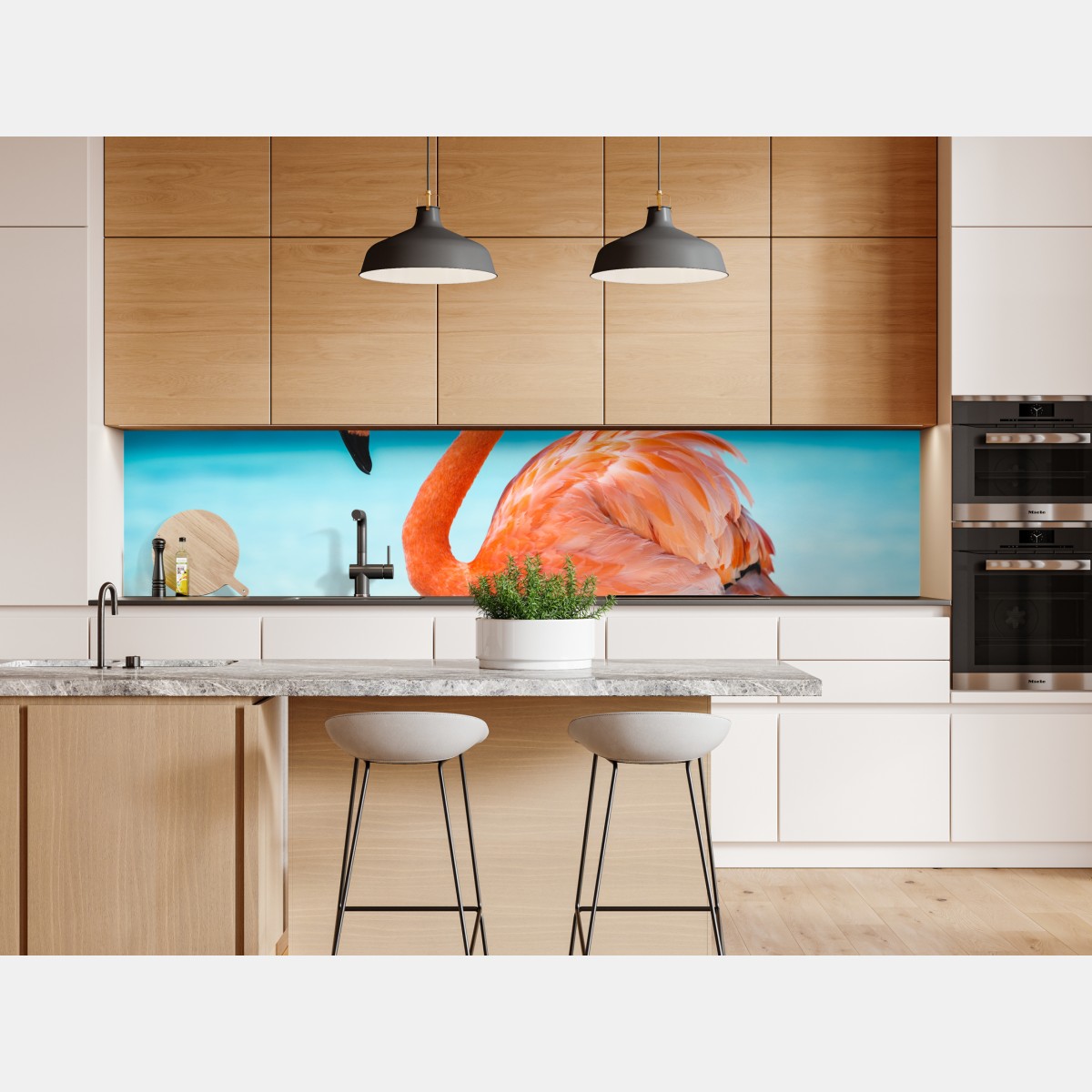 Repositionierbarer Aufkleber leuchtender rosa flamingo am türkisfarbenen strand – Wallnifity® Repositionierbarer Aufkleber leuchtender rosa flamingo am türkisfarbenen strand – Wallnifity®