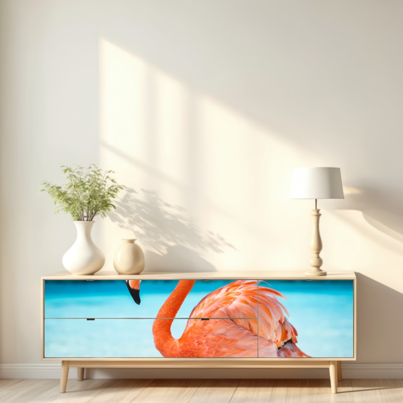 Repositionierbarer Aufkleber leuchtender rosa flamingo am türkisfarbenen strand – Wallnifity® Repositionierbarer Aufkleber leuchtender rosa flamingo am türkisfarbenen strand – Wallnifity®
