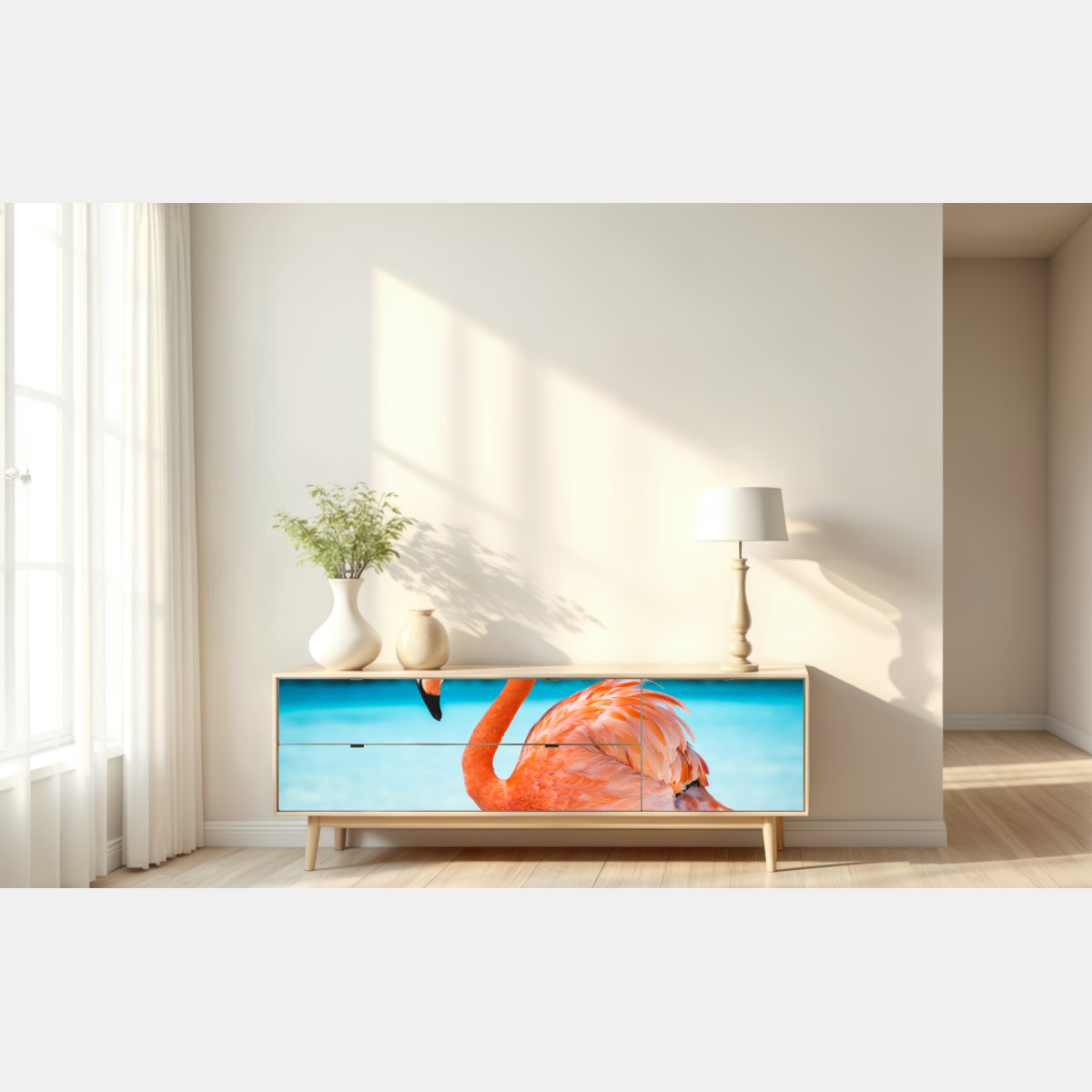 Repositionierbarer Aufkleber leuchtender rosa flamingo am türkisfarbenen strand – Wallnifity® Repositionierbarer Aufkleber leuchtender rosa flamingo am türkisfarbenen strand – Wallnifity®