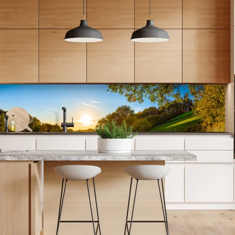 Repositionierbarer Aufkleber sonnenbeschienene wiese mit landweg bei sonnenuntergang – Wallnifity® Repositionierbarer Aufkleber sonnenbeschienene wiese mit landweg bei sonnenuntergang – Wallnifity®