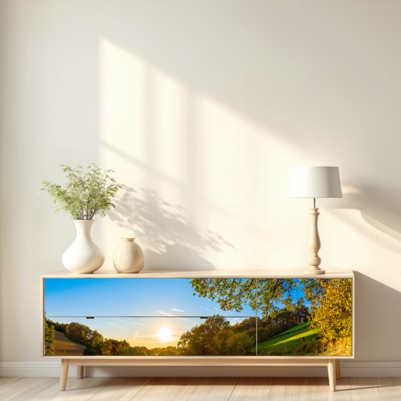 Repositionierbarer Aufkleber sonnenbeschienene wiese mit landweg bei sonnenuntergang – Wallnifity® Repositionierbarer Aufkleber sonnenbeschienene wiese mit landweg bei sonnenuntergang – Wallnifity®