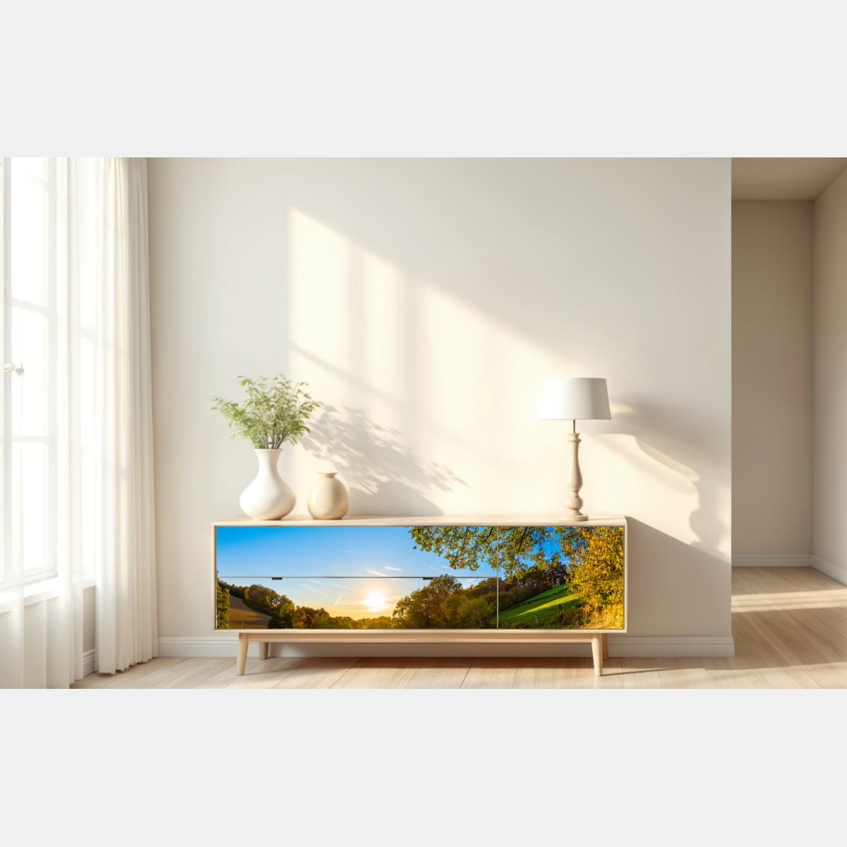 Repositionierbarer Aufkleber sonnenbeschienene wiese mit landweg bei sonnenuntergang – Wallnifity® Repositionierbarer Aufkleber sonnenbeschienene wiese mit landweg bei sonnenuntergang – Wallnifity®