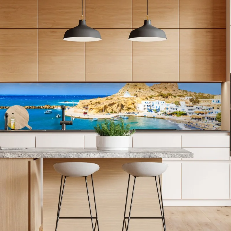Repositionierbarer Aufkleber sonniger hafen Finiki an der Küste von Karpathos – Wallnifity® Repositionierbarer Aufkleber sonniger hafen Finiki an der Küste von Karpathos – Wallnifity®