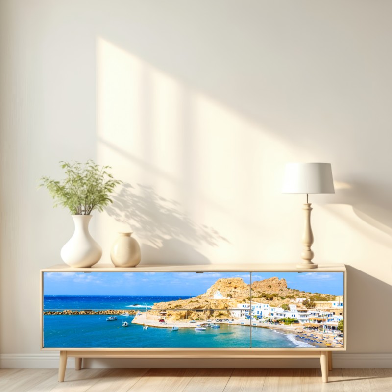 Repositionierbarer Aufkleber sonniger hafen Finiki an der Küste von Karpathos – Wallnifity® Repositionierbarer Aufkleber sonniger hafen Finiki an der Küste von Karpathos – Wallnifity®