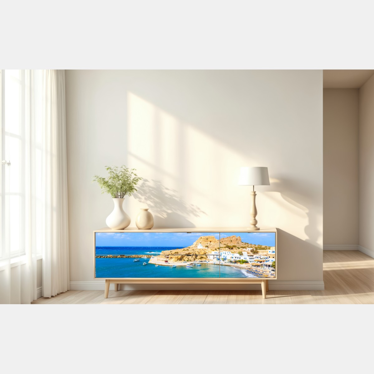 Repositionierbarer Aufkleber sonniger hafen Finiki an der Küste von Karpathos – Wallnifity® Repositionierbarer Aufkleber sonniger hafen Finiki an der Küste von Karpathos – Wallnifity®