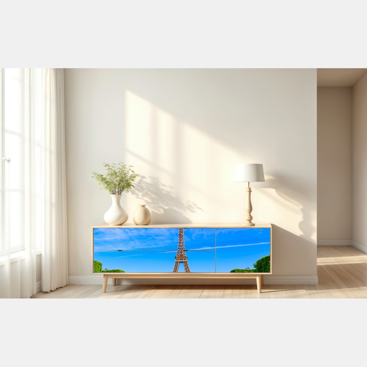 Repositionierbarer Aufkleber Eiffelturm am Champ de Mars, lebendige pariser skyline – Wallnifity® Repositionierbarer Aufkleber Eiffelturm am Champ de Mars, lebendige pariser skyline – Wallnifity®