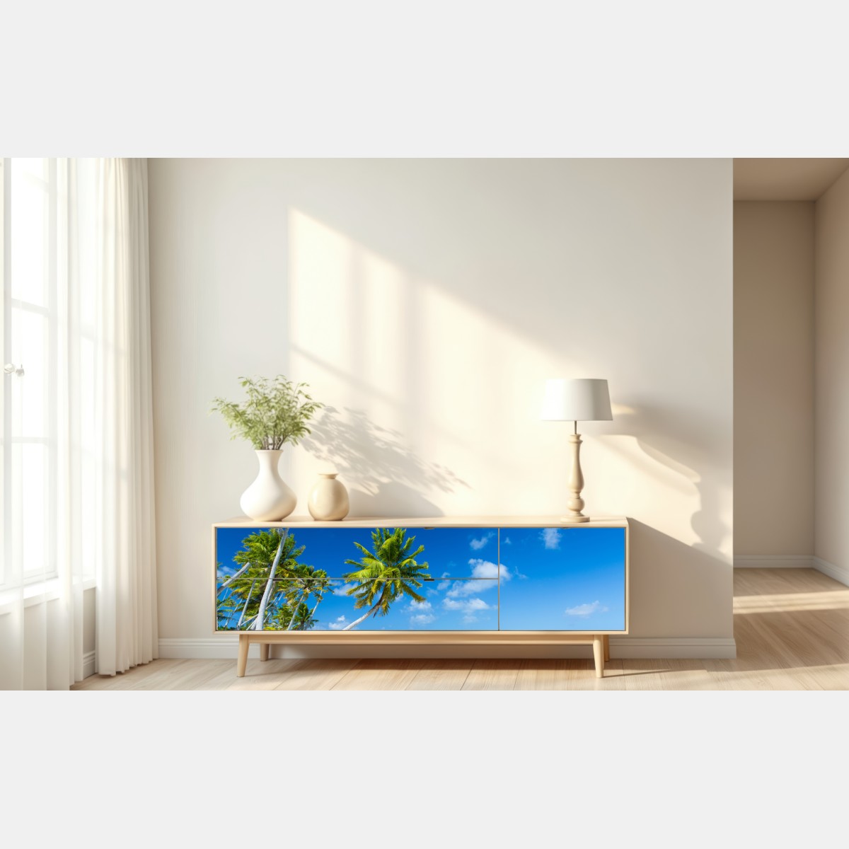 Repositionierbarer Aufkleber tropischer strand mit palmen und türkisfarbenem wasser – Wallnifity® Repositionierbarer Aufkleber tropischer strand mit palmen und türkisfarbenem wasser – Wallnifity®