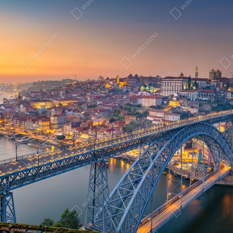 Repositionierbarer Aufkleber porto skyline bei dämmerung mit Dom Luís I – Wallnifity® Repositionierbarer Aufkleber porto skyline bei dämmerung mit Dom Luís I – Wallnifity®