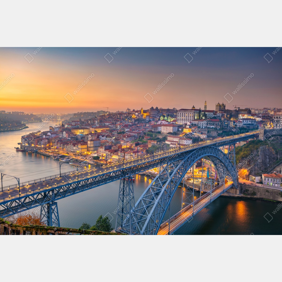 Repositionierbarer Aufkleber porto skyline bei dämmerung mit Dom Luís I – Wallnifity® Repositionierbarer Aufkleber porto skyline bei dämmerung mit Dom Luís I – Wallnifity®