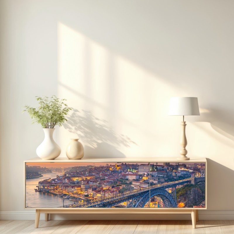Repositionierbarer Aufkleber porto skyline bei dämmerung mit Dom Luís I – Wallnifity® Repositionierbarer Aufkleber porto skyline bei dämmerung mit Dom Luís I – Wallnifity®